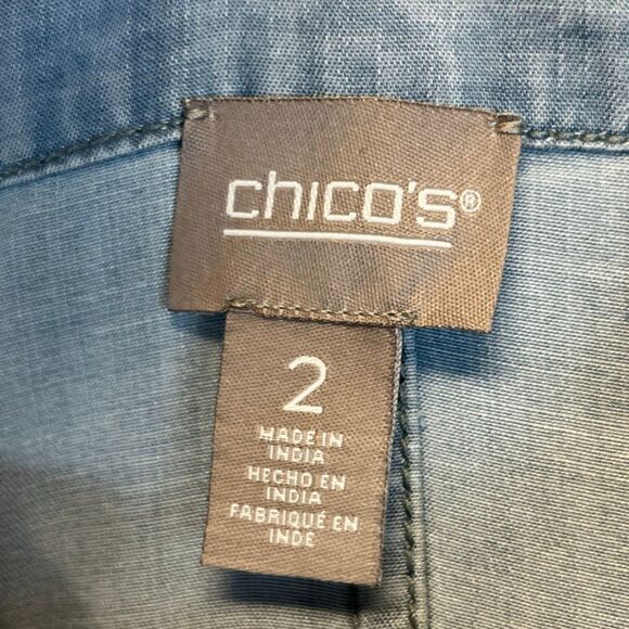 CHICO'S Shirt Womens Size 2 Blue Chambray Roll Tab Sleeve Button Down Drawstring - Picture 5 of 14